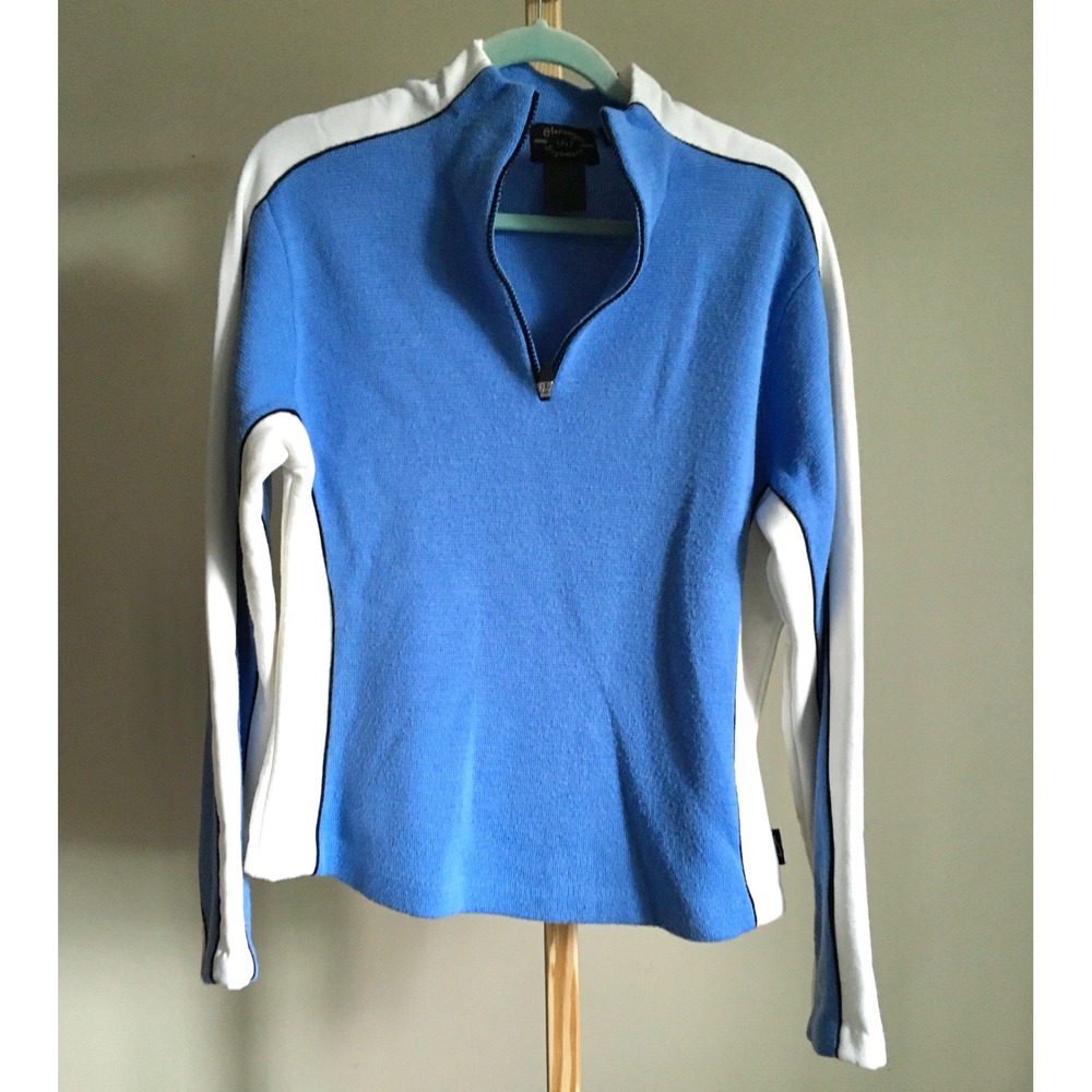 Obermeyer Signature Womens Quarter Zip Knit Sweater Blue White Colorblock Large